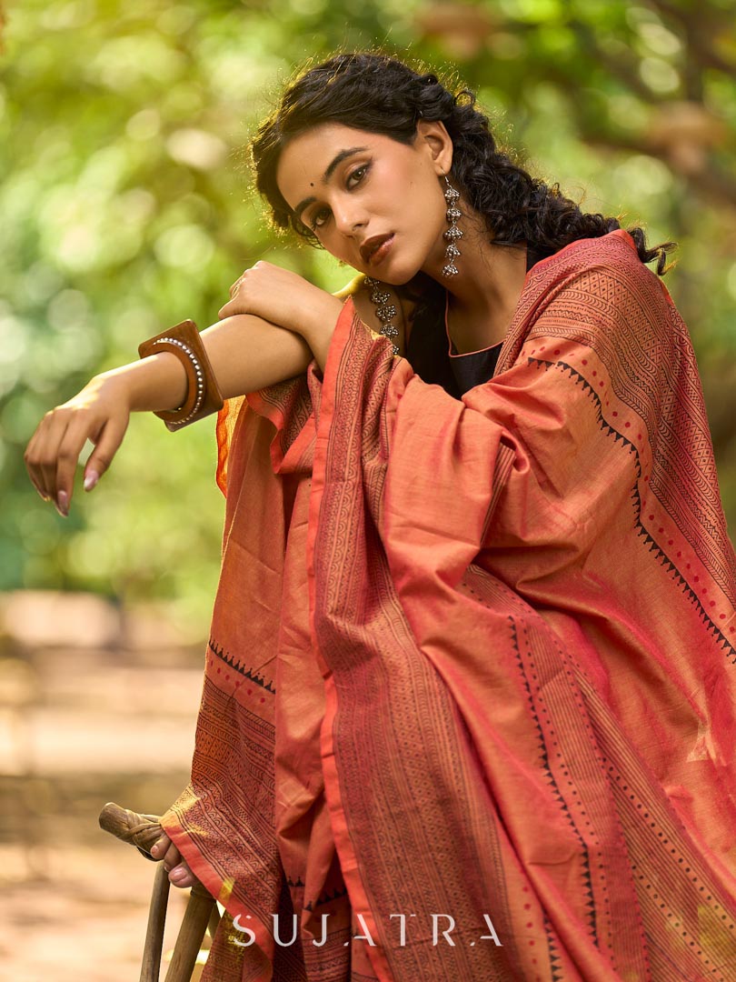 Contemporary Rust Cotton Saree with Traditional Hand Block Print Borders