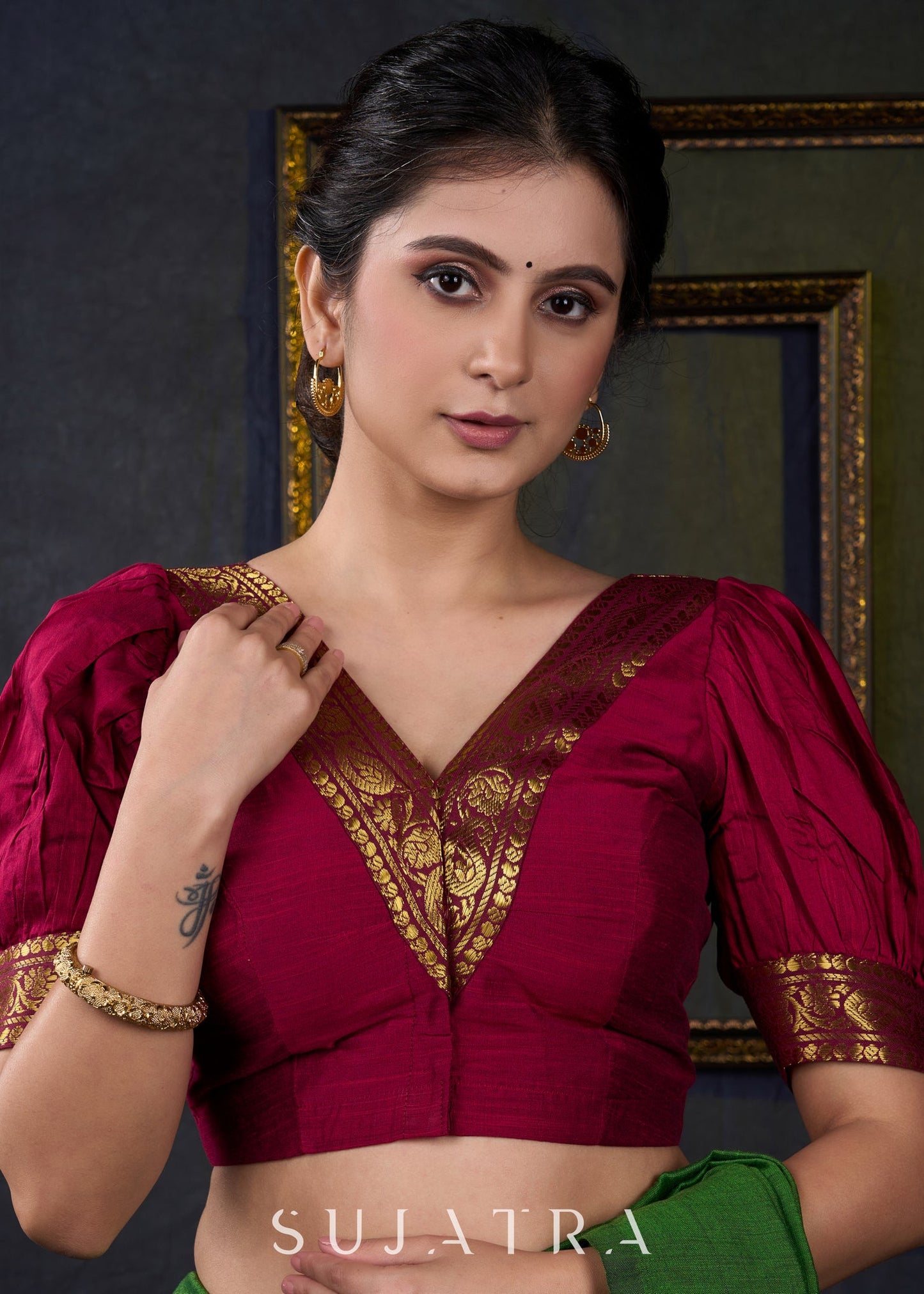 Exclusive Magenta Cotton Silk Blouse with Zari Borders