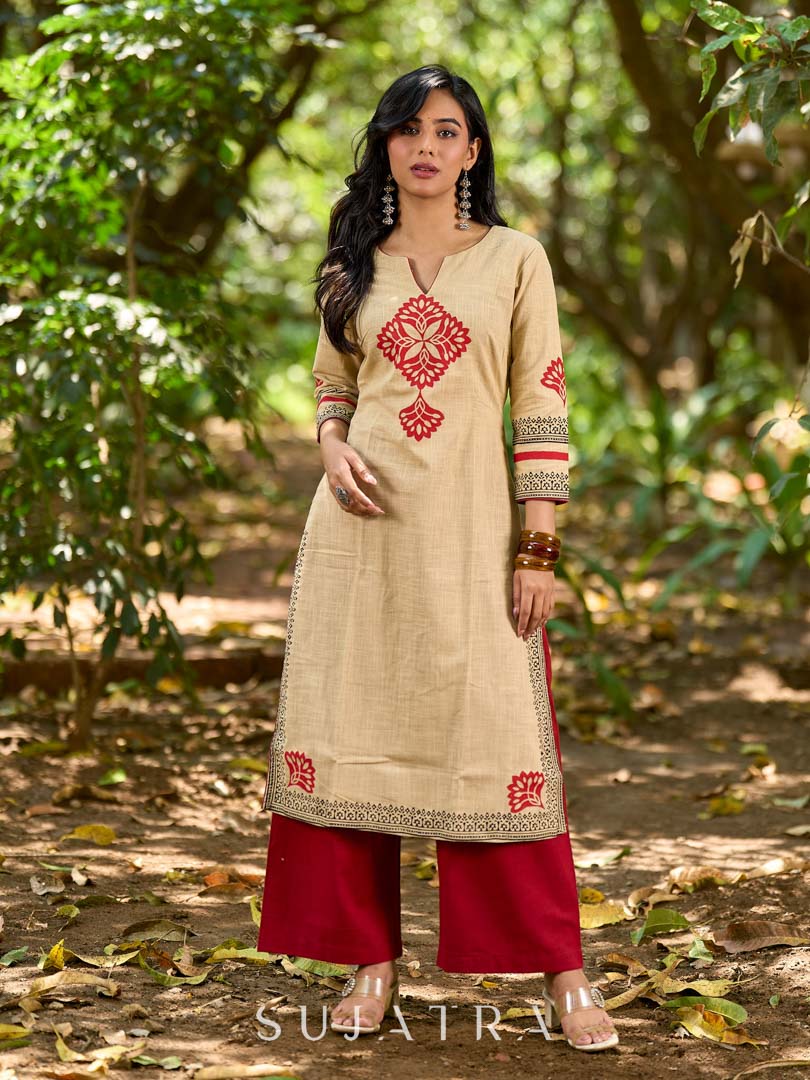 Sophisticated Beige Cotton Kurta with Statement Hand Block Design and Printed Hem Border