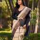 Classic Ivory and Brown Pure Tussar Silk  Block Printed Saree Accented with Subtle Stripes and Handcrafted Detailing