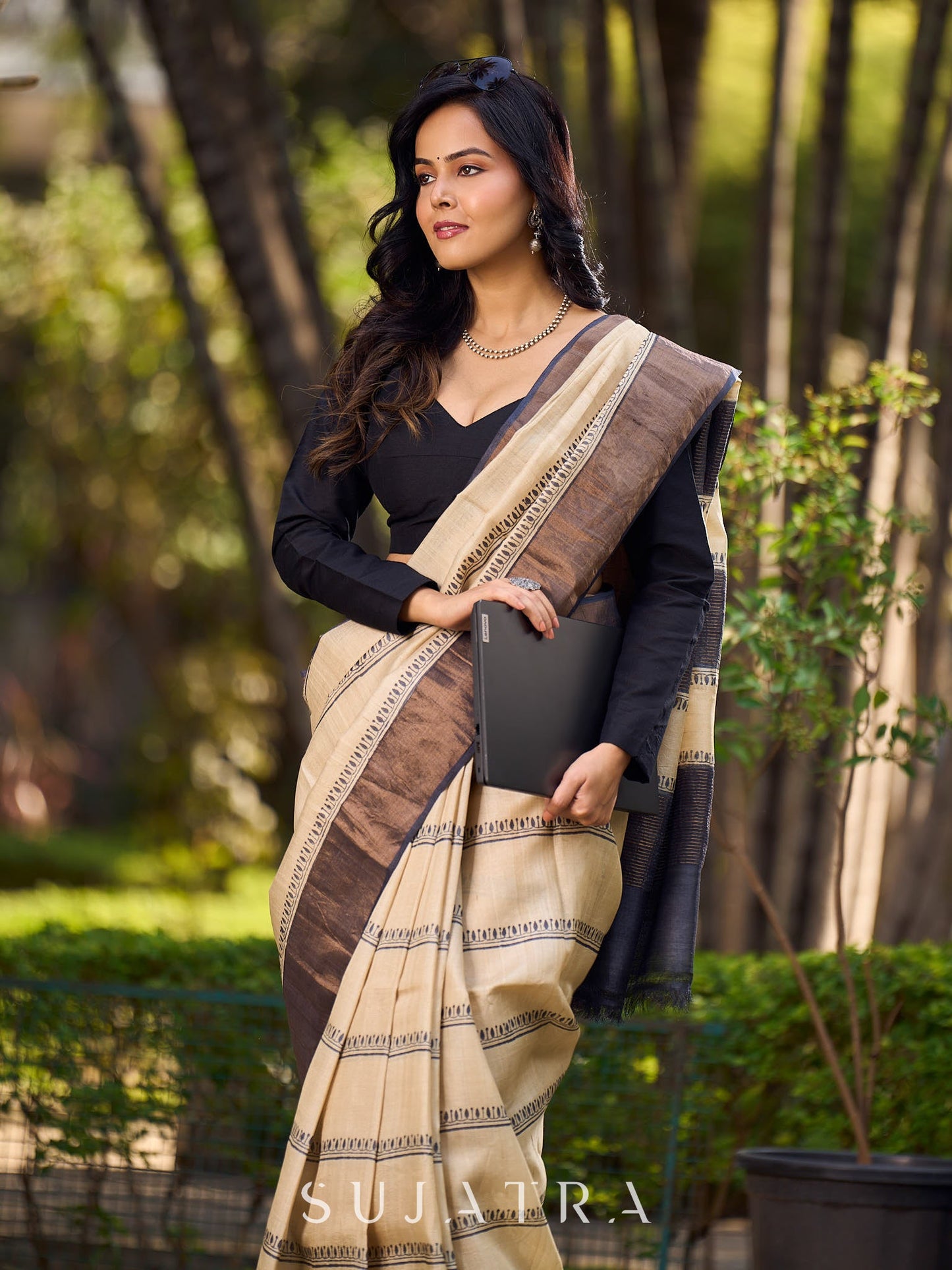 Classic Ivory and Brown Pure Tussar Silk  Block Printed Saree Accented with Subtle Stripes and Handcrafted Detailing