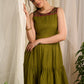 Elegant olive cotton dress featuring intricate block printed border
