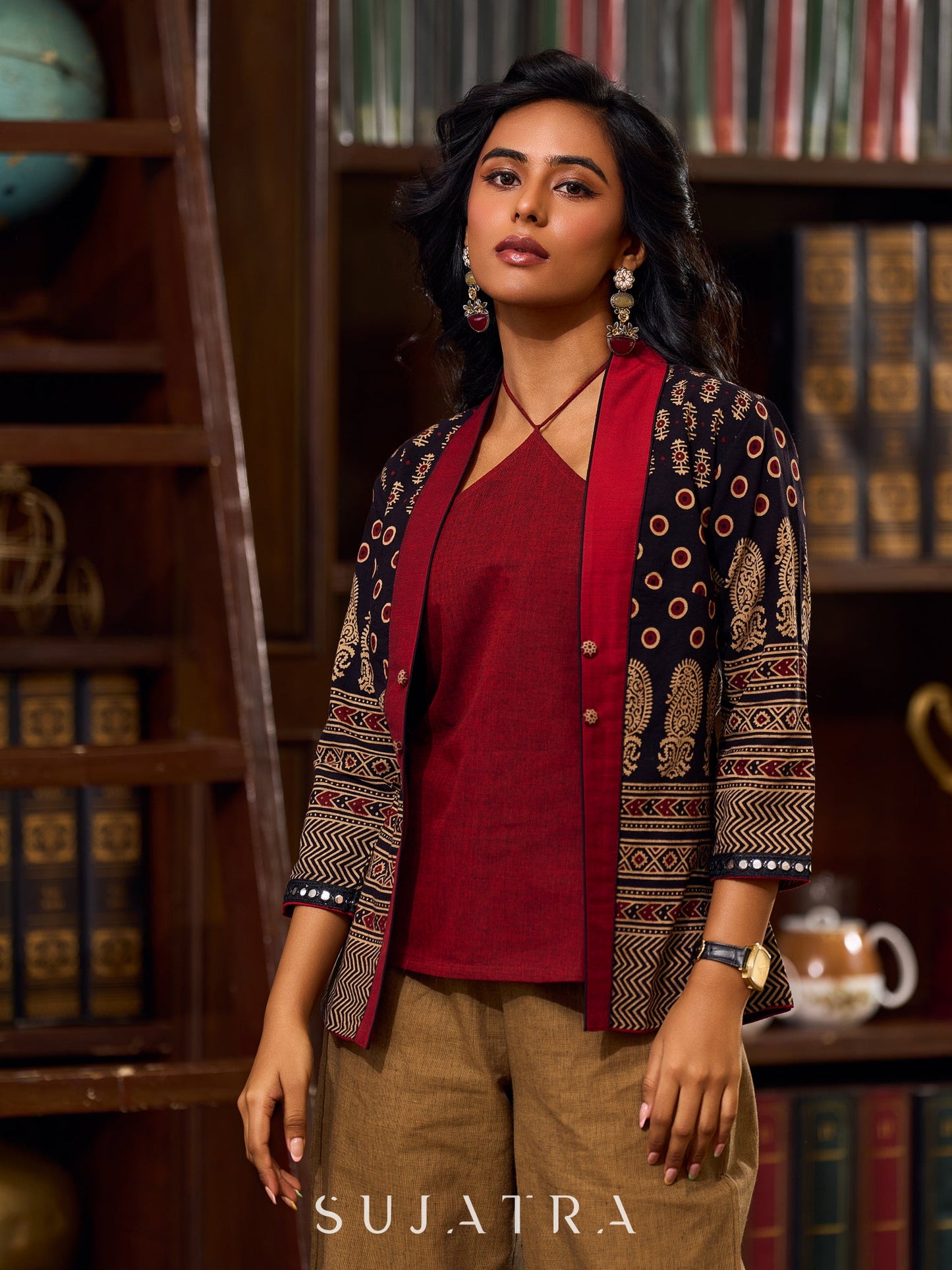 Ajrakh Black Cotton Jacket With Contrasting Maroon Silk Collar