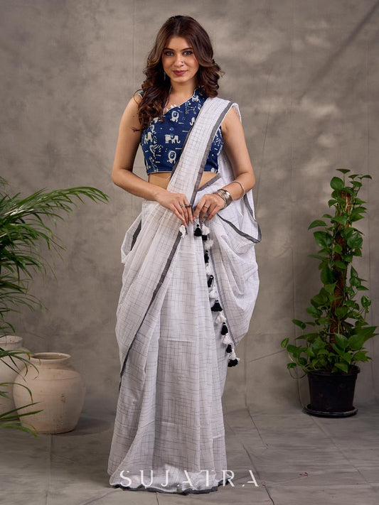 Indigo Printed Navy Blue Sleeveless Blouse with Asymmetric Collar