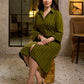 Sophisticated Olive Green A-Line Cotton Dress with Mixed Stripe Hand Block Print & Bell Sleeves