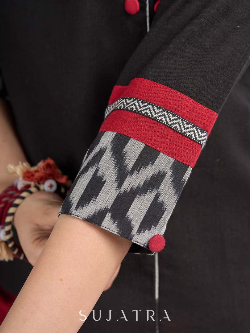 Black Cotton Wrap Pattern Top with Ikat Cuff Panels and Button Highlight