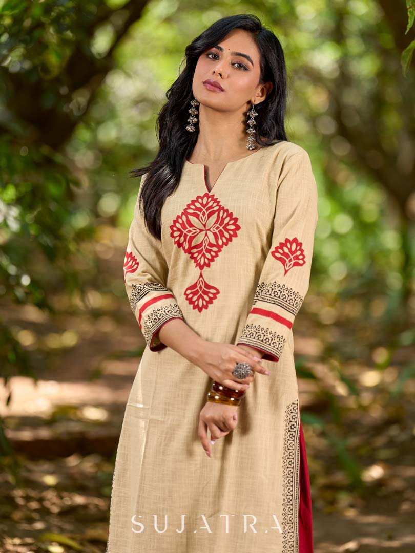 Sophisticated Beige Cotton Kurta with Statement Hand Block Design and Printed Hem Border