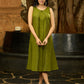 Olive Whispers Box Pleat Dress with Contrasting Hand Kantha Embroidery and Delicate Embellished Neckline