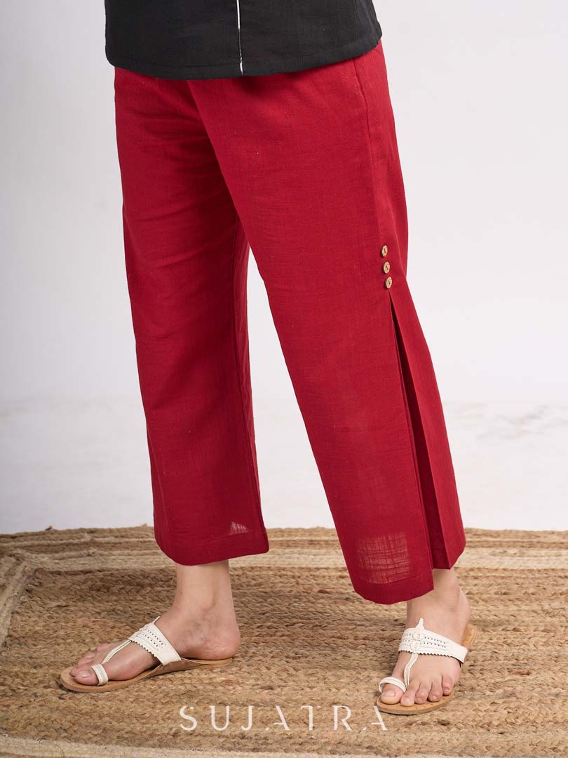 Maroon Cotton Straight Fit Pants with Side Pleat and Button Accent