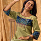 Sage Green Cotton Flared Dress with Contrast Ajrakh Yoke and Cuff Detailing featuring Hand Painting