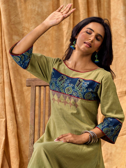 Sage Green Cotton Flared Dress with Contrast Ajrakh Yoke and Cuff Detailing featuring Hand Painting