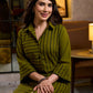 Sophisticated Olive Green A-Line Cotton Dress with Mixed Stripe Hand Block Print & Bell Sleeves