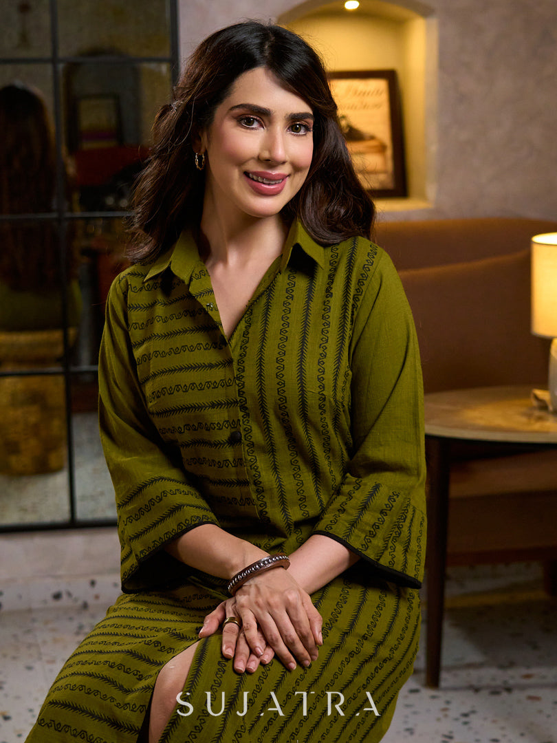 Sophisticated Olive Green A-Line Cotton Dress with Mixed Stripe Hand Block Print & Bell Sleeves