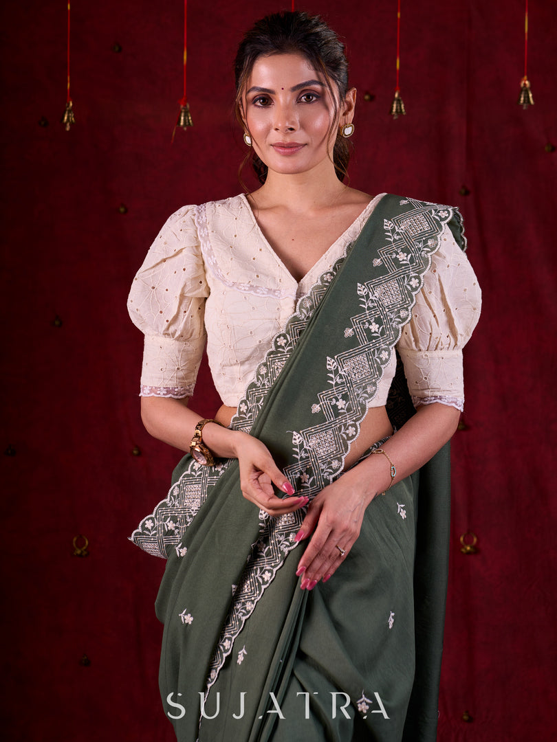 Sage Elegance Chanderi Saree Featuring All-Over Embroidery & Exquisite Heavy Border