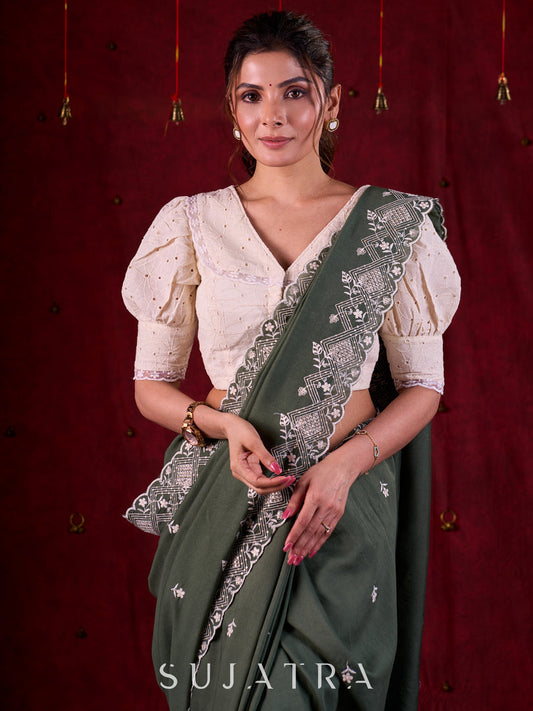 Sage Elegance Chanderi Saree Featuring All-Over Embroidery & Exquisite Heavy Border