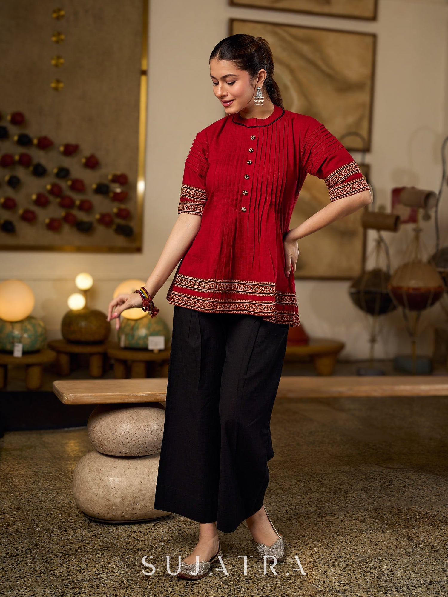 Chic Maroon Cotton Top Crafted With Front And Sleeve Pleats, Accented with Ajrakh Border