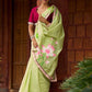 Classic Pista Green Chanderi Saree with Hand-Painted Pichwai Motifs & Contrast Magenta Accent