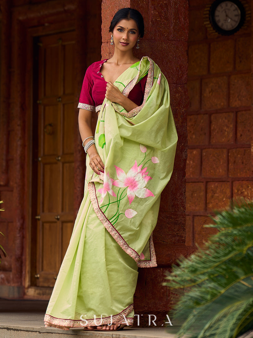 Classic Pista Green Chanderi Saree with Hand-Painted Pichwai Motifs & Contrast Magenta Accent