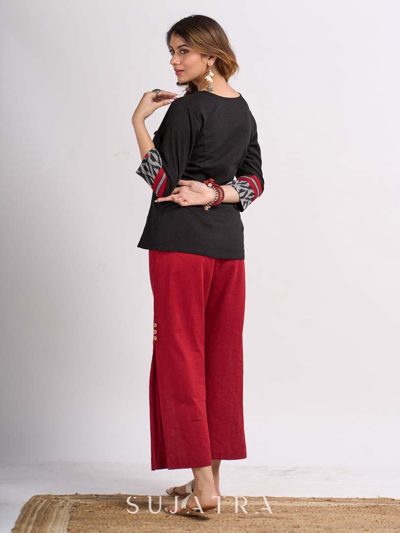 Black Cotton Wrap Pattern Top with Ikat Cuff Panels and Button Highlight