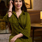 Sophisticated Olive Green A-Line Cotton Dress with Mixed Stripe Hand Block Print & Bell Sleeves