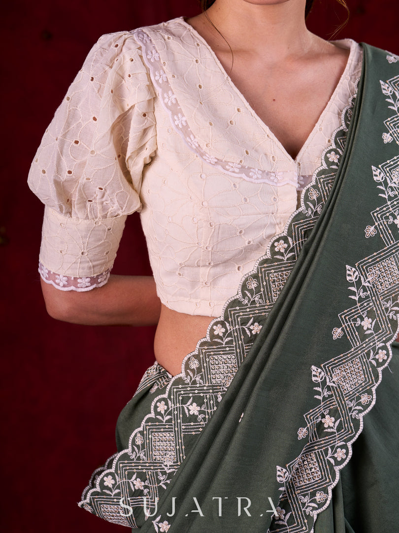 Sage Elegance Chanderi Saree Featuring All-Over Embroidery & Exquisite Heavy Border
