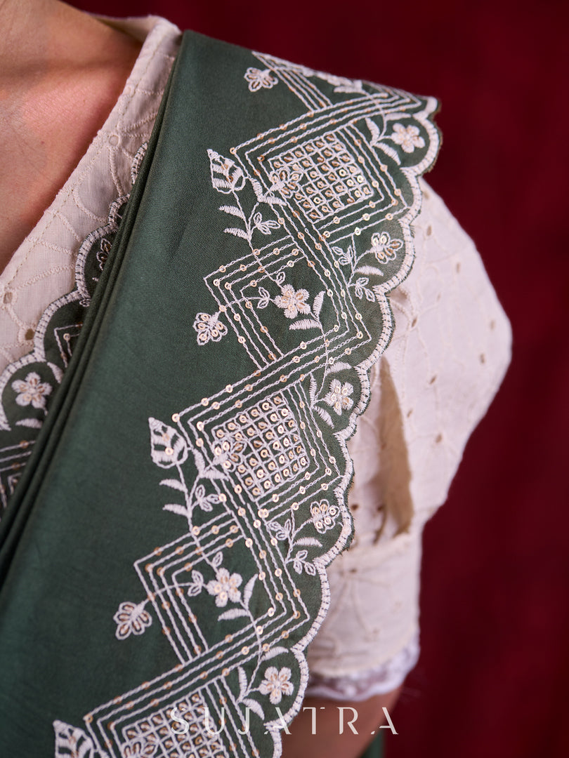 Sage Elegance Chanderi Saree Featuring All-Over Embroidery & Exquisite Heavy Border