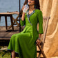 Green Flared Rayon Dress with Handcrafted Ajrakh Collar and Trims