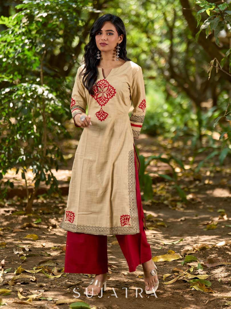 Sophisticated Beige Cotton Kurta with Statement Hand Block Design and Printed Hem Border