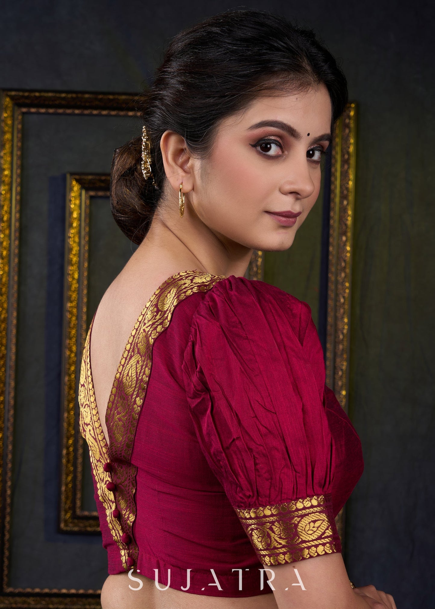 Exclusive Magenta Cotton Silk Blouse with Zari Borders
