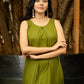 Olive Whispers Box Pleat Dress with Contrasting Hand Kantha Embroidery and Delicate Embellished Neckline