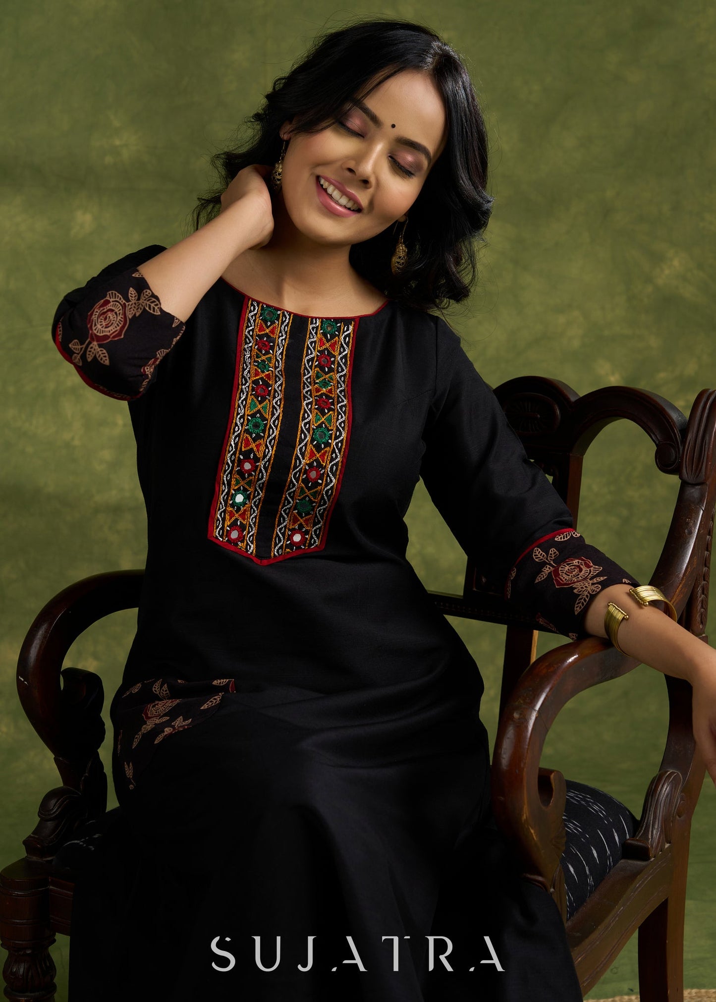 Classic Black Cotton Silk Kutch Mirror Work Kurta - Pant Optional