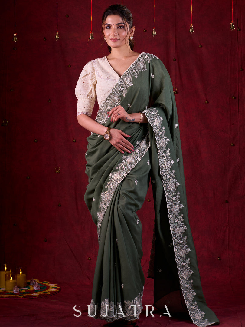 Sage Elegance Chanderi Saree Featuring All-Over Embroidery & Exquisite Heavy Border