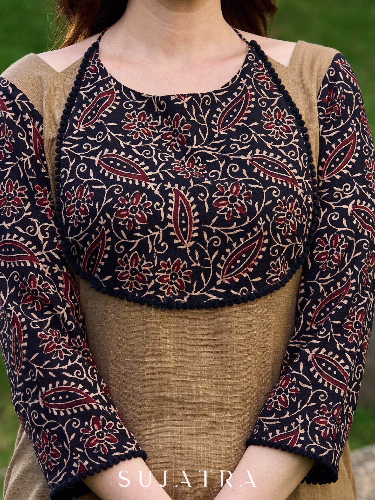 Modern Khaki Kurta with Handcrafted Floral Black Yoke and Tie-Up Closure