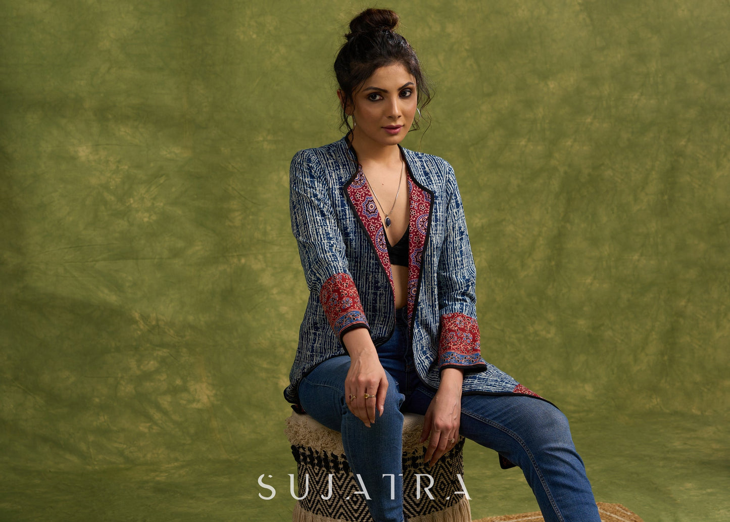 Dramatic Elegance: Indigo Blue Long Shrug With Exquisite Ajrakh Lining