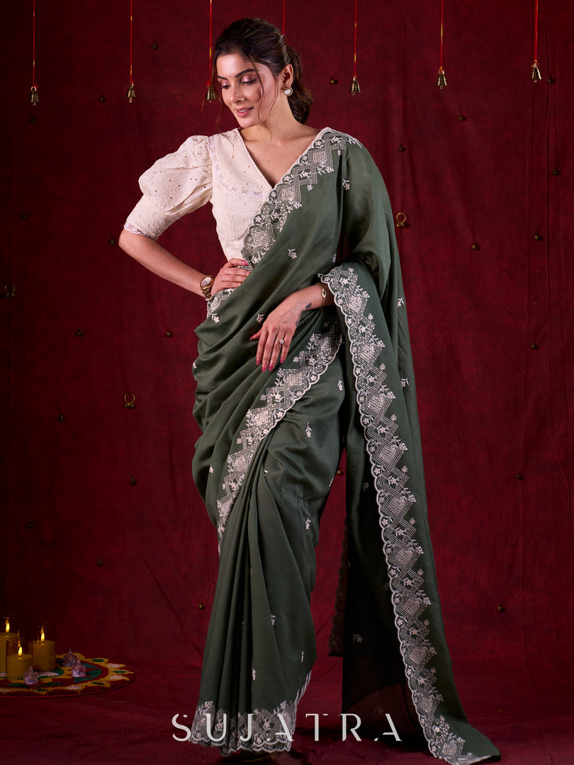 Sage Elegance Chanderi Saree Featuring All-Over Embroidery & Exquisite Heavy Border