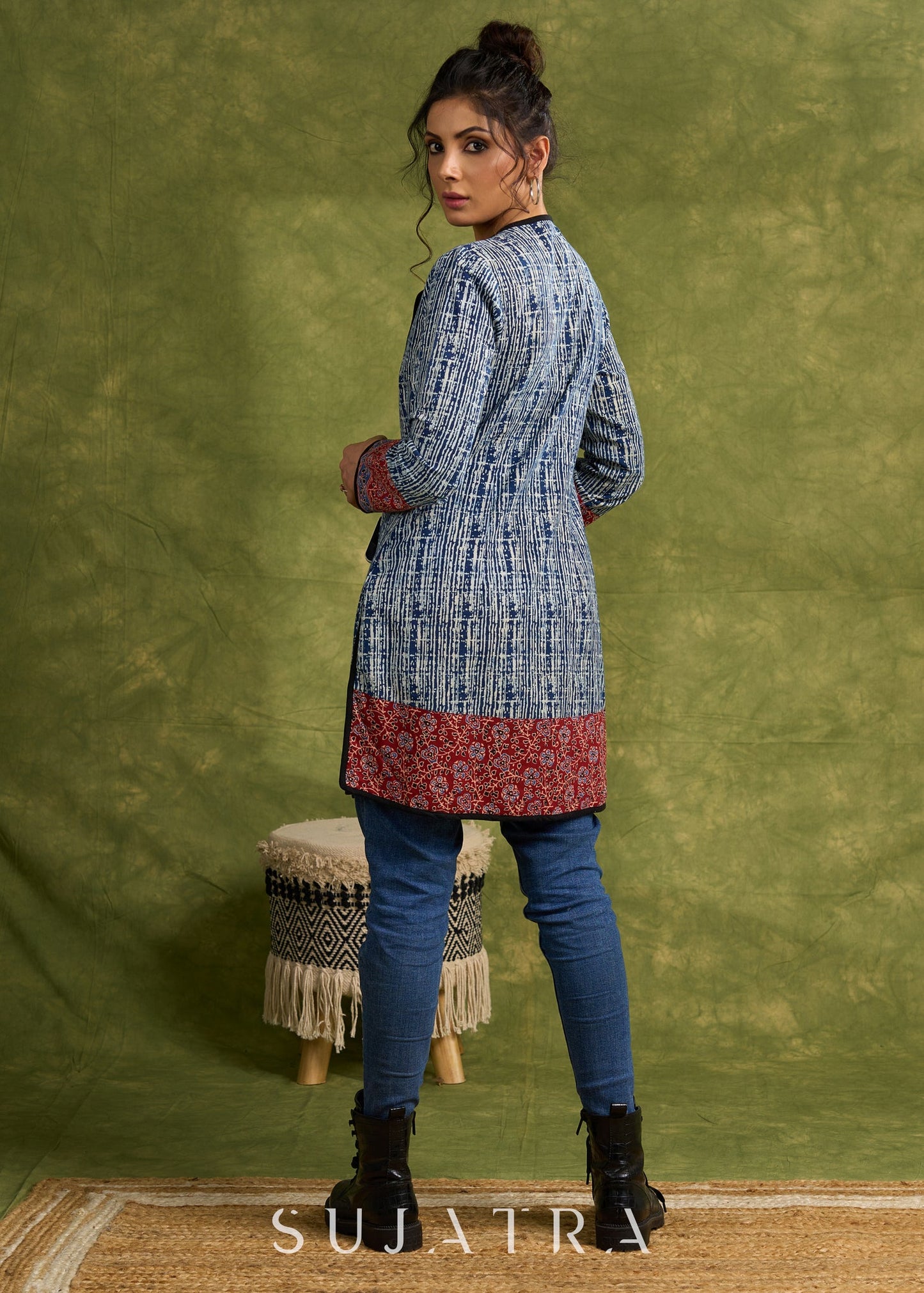 Dramatic Elegance: Indigo Blue Long Shrug With Exquisite Ajrakh Lining