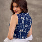 Indigo Printed Navy Blue Sleeveless Blouse with Asymmetric Collar
