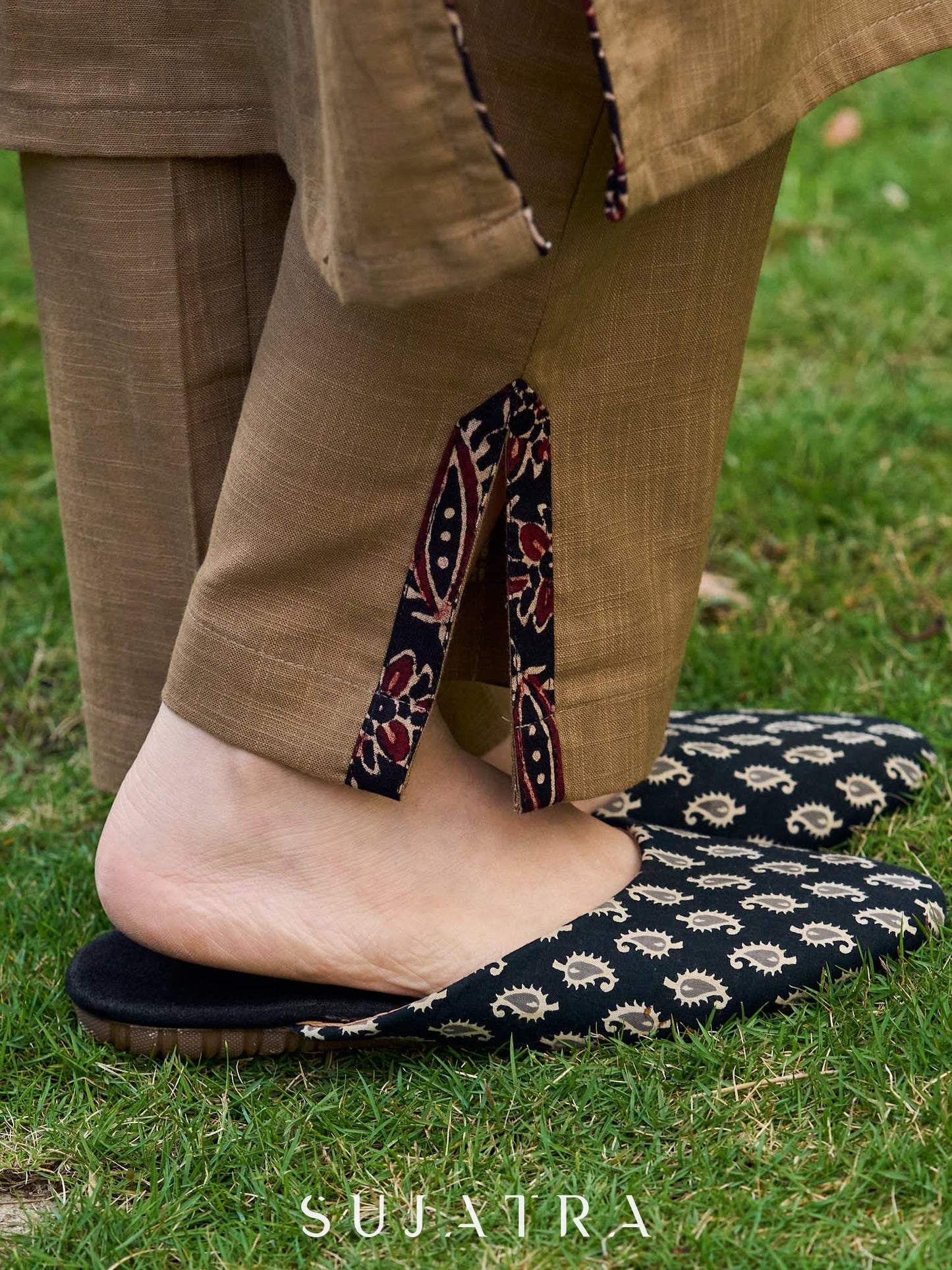 Khaki Straight Fit Slit Pants with Black Floral Details