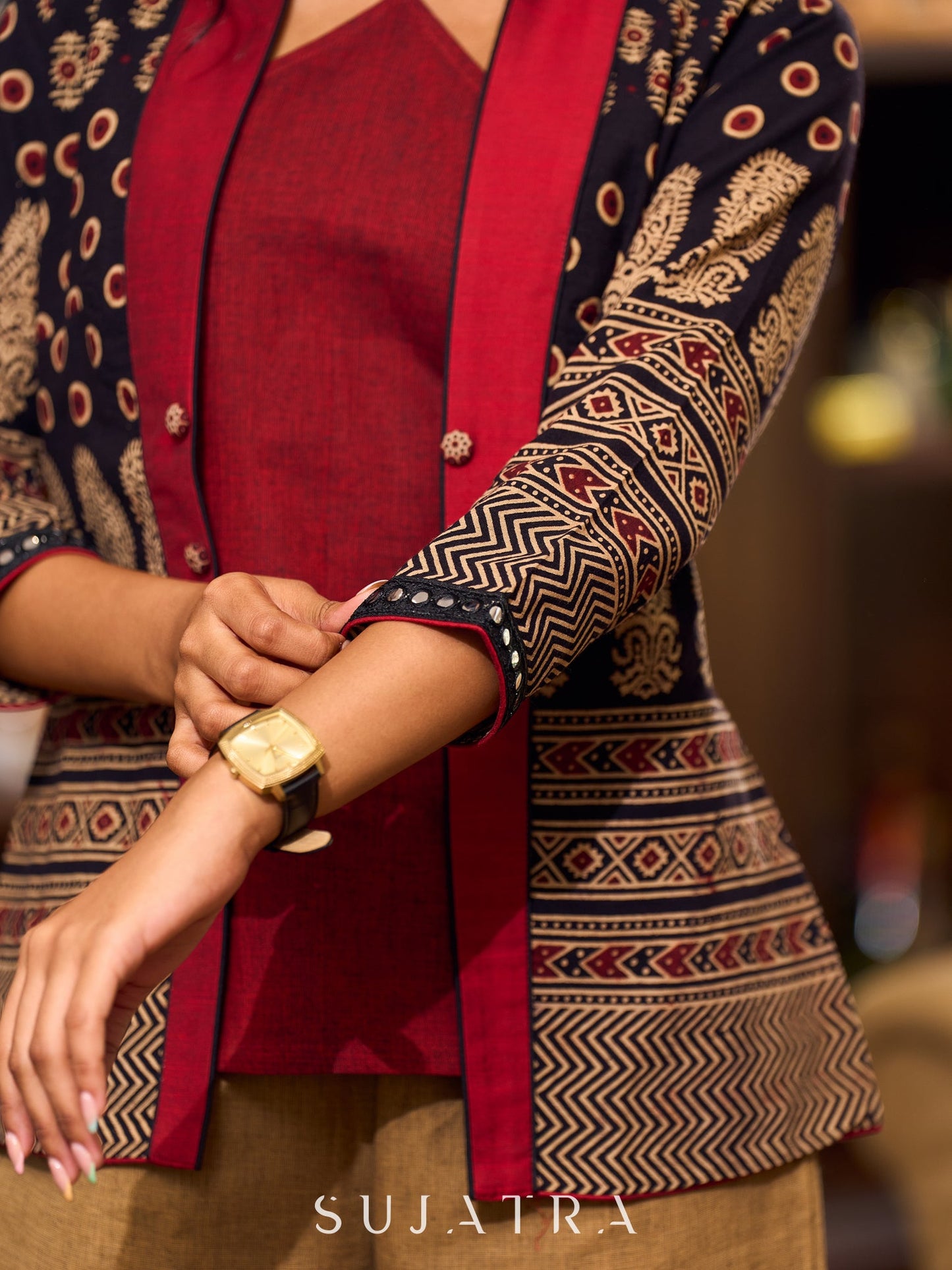 Ajrakh Black Cotton Jacket With Contrasting Maroon Silk Collar