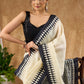 Authentic Off White Pure Silk Block Printed Saree With Temple Border