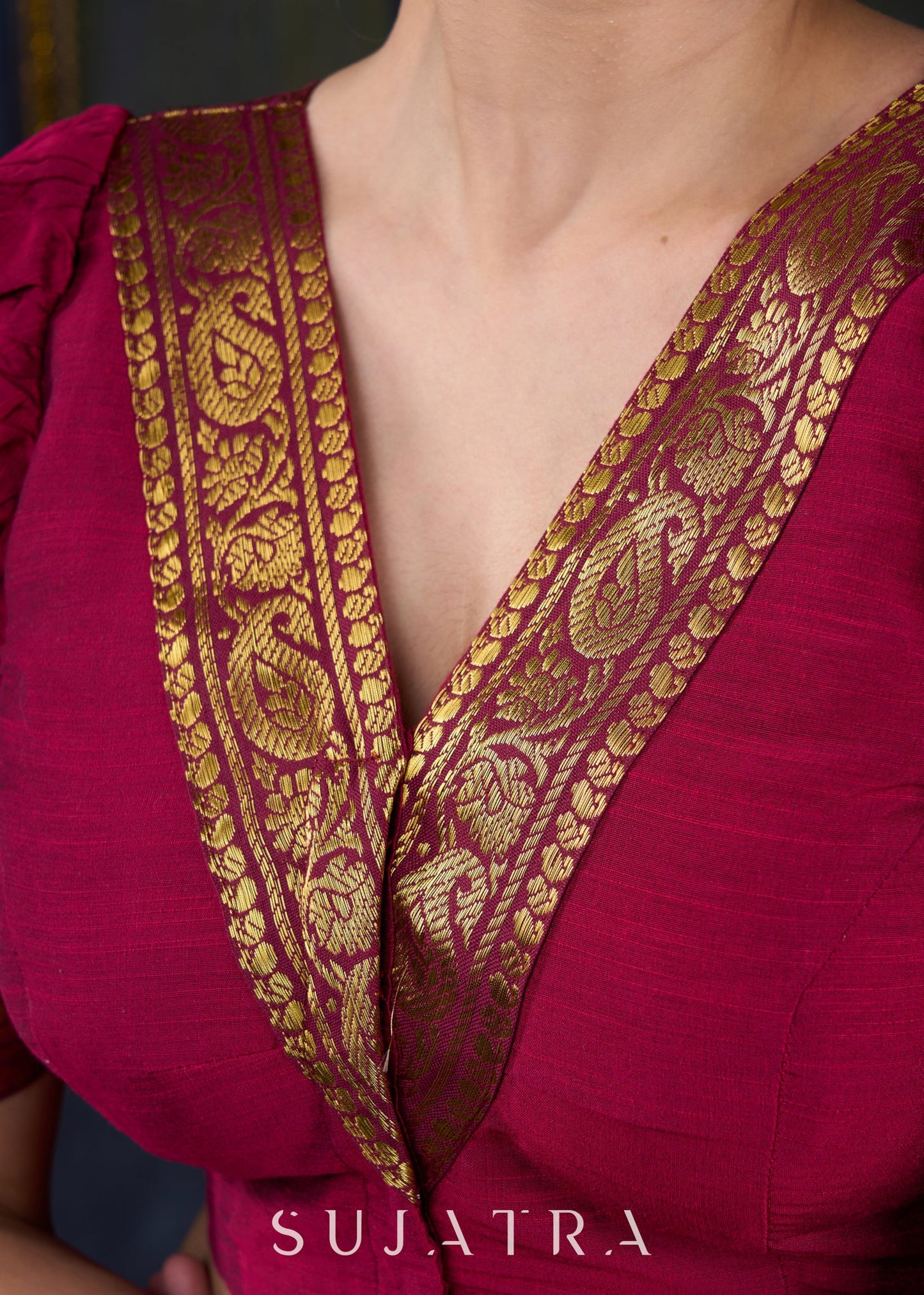Exclusive Magenta Cotton Silk Blouse with Zari Borders