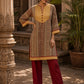Mustard Geometric Print Short Kurta with Pin-Tucked Yoke & Contrast Maroon Button Detail