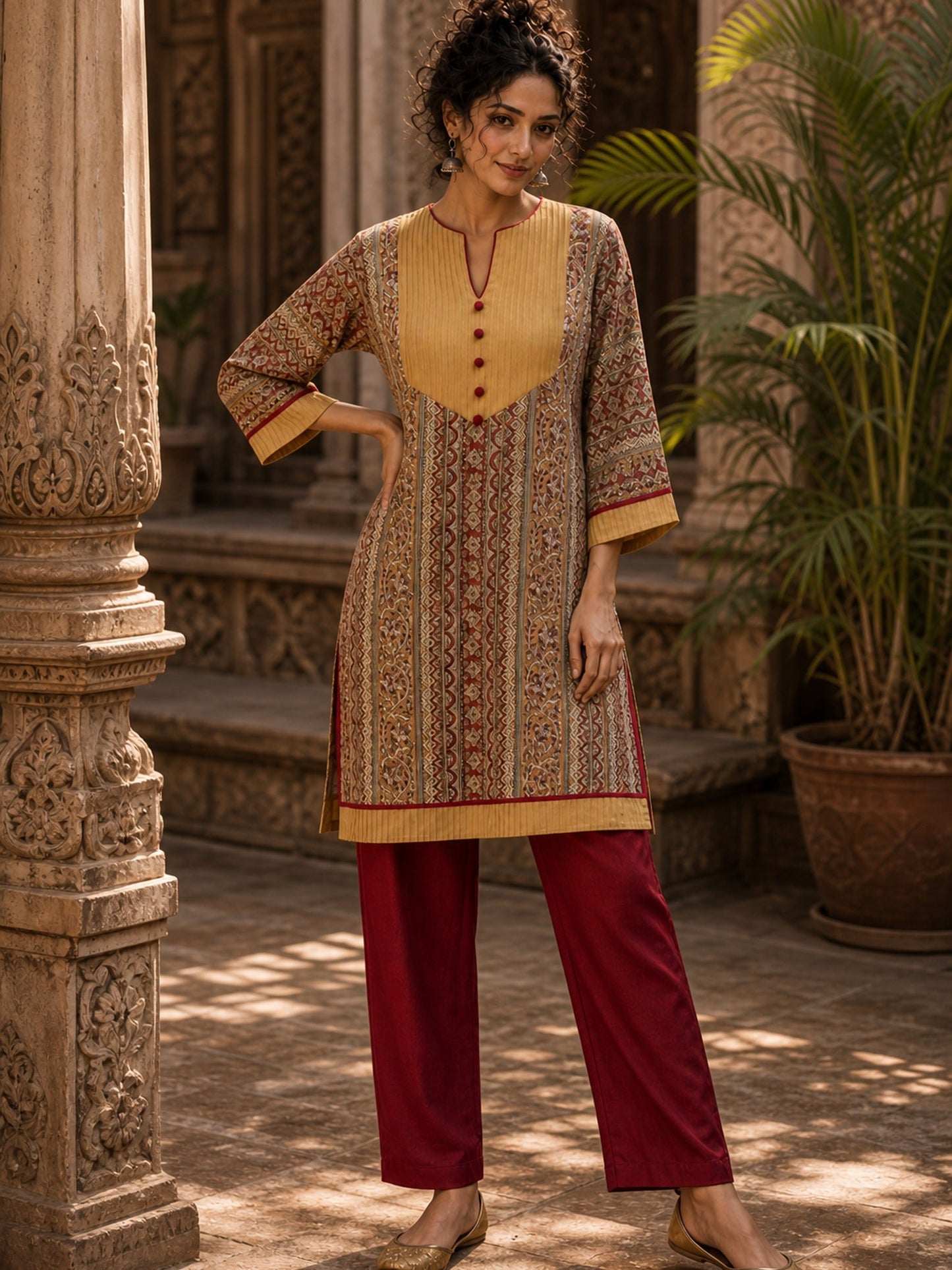 Mustard Geometric Print Short Kurta with Pin-Tucked Yoke & Contrast Maroon Button Detail