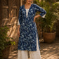 Bold Navy Blue Floral Print Kurta with Ivory Hakoba Cuffs & Pearl Embellished Placket