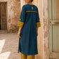 Classic Teal Cotton Kurta with Mustard Paisley Motif & Embroidered Neckline & Ajrakh Printed Cuffs