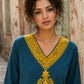 Classic Teal Cotton Kurta with Mustard Paisley Motif & Embroidered Neckline & Ajrakh Printed Cuffs