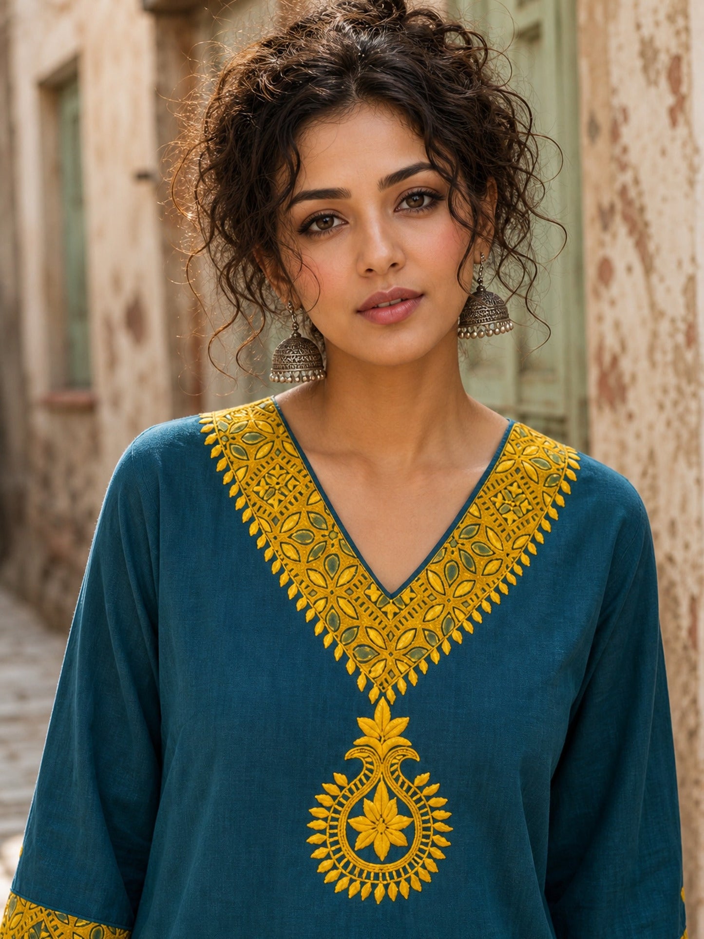 Classic Teal Cotton Kurta with Mustard Paisley Motif & Embroidered Neckline & Ajrakh Printed Cuffs