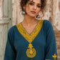 Classic Teal Cotton Kurta with Mustard Paisley Motif & Embroidered Neckline & Ajrakh Printed Cuffs