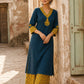 Classic Teal Cotton Kurta with Mustard Paisley Motif & Embroidered Neckline & Ajrakh Printed Cuffs