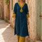 Classic Teal Cotton Kurta with Mustard Paisley Motif & Embroidered Neckline & Ajrakh Printed Cuffs